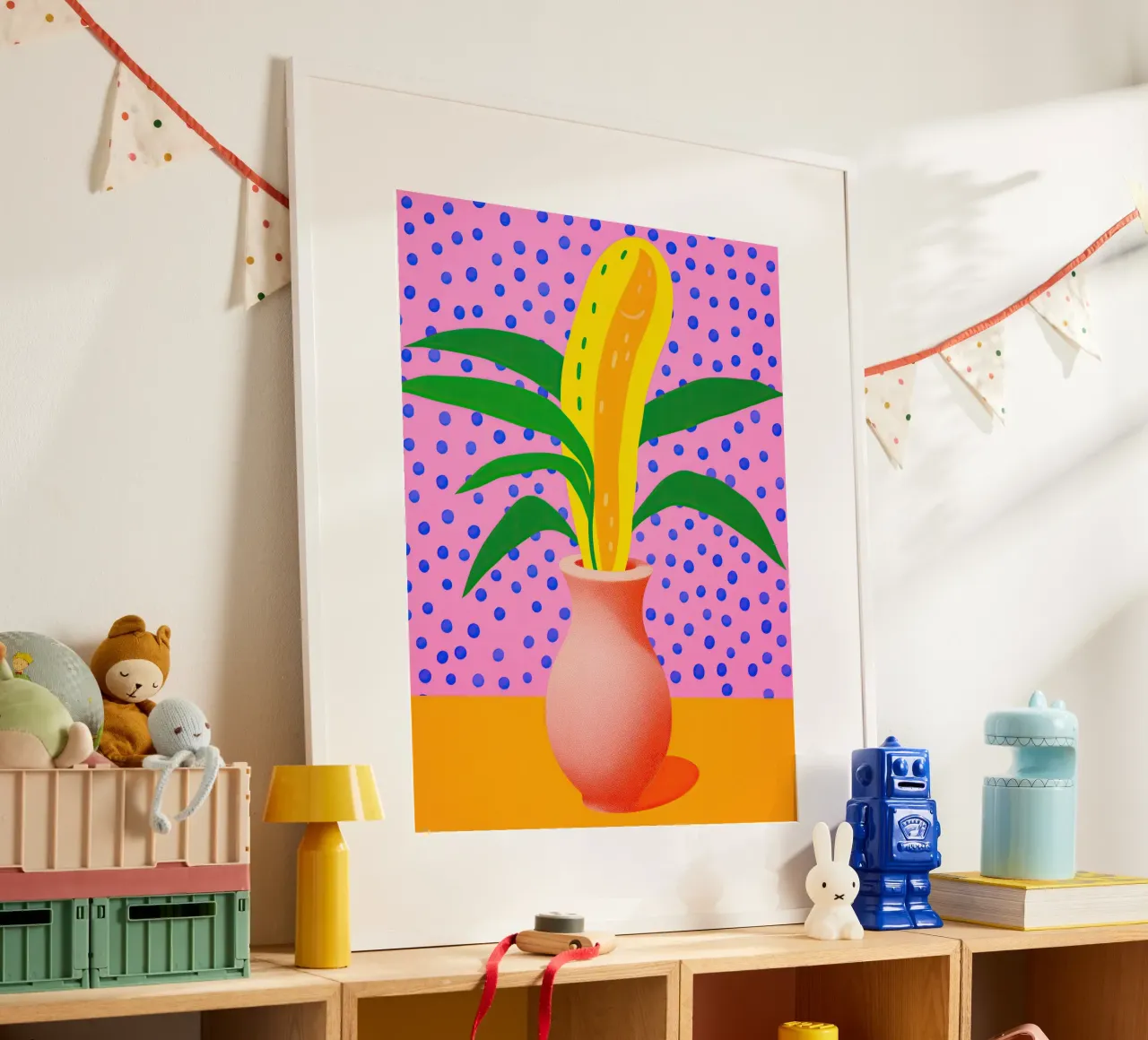 Natura morta pop art di fiori fantasia in rosa poster con telaio in plastica da Autofocus