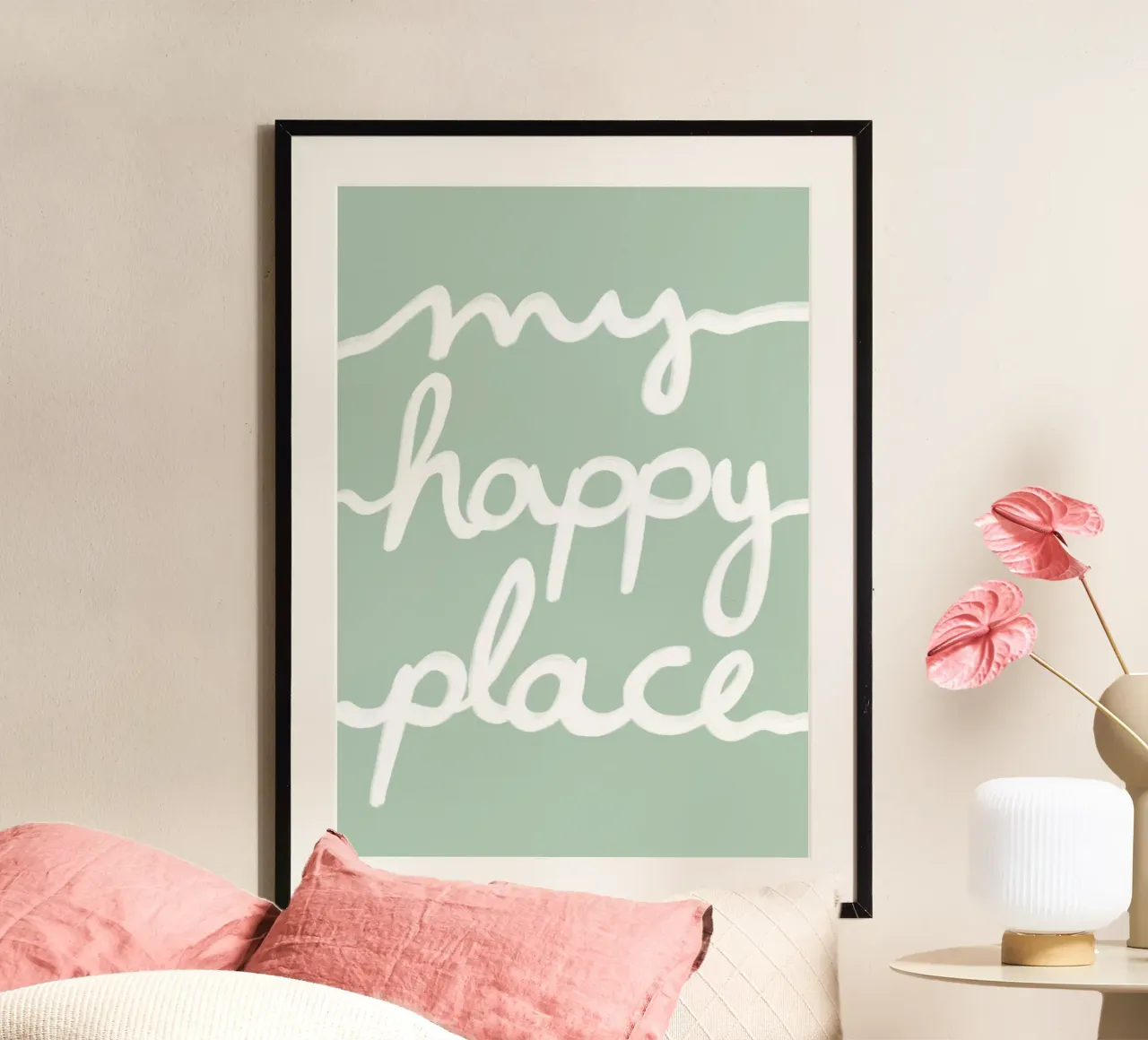 My happy place green poster con telaio in legno da BAINAI