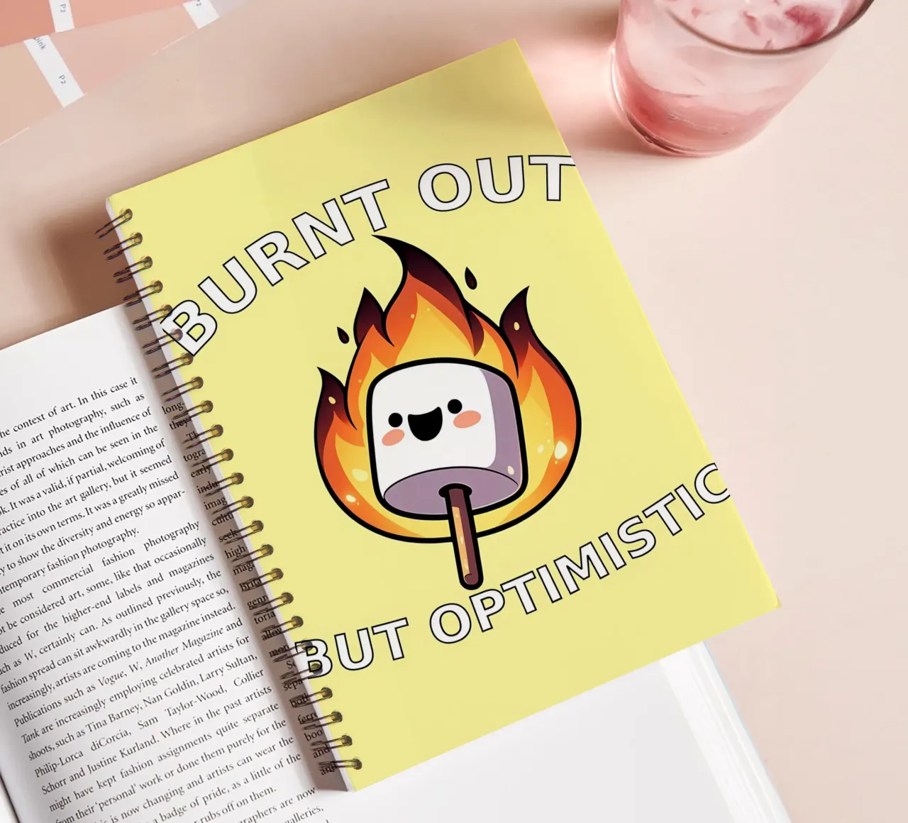 Burnt Out But Optimistic Funny Marshmallow T-Shirt spiral notebook by mitaco