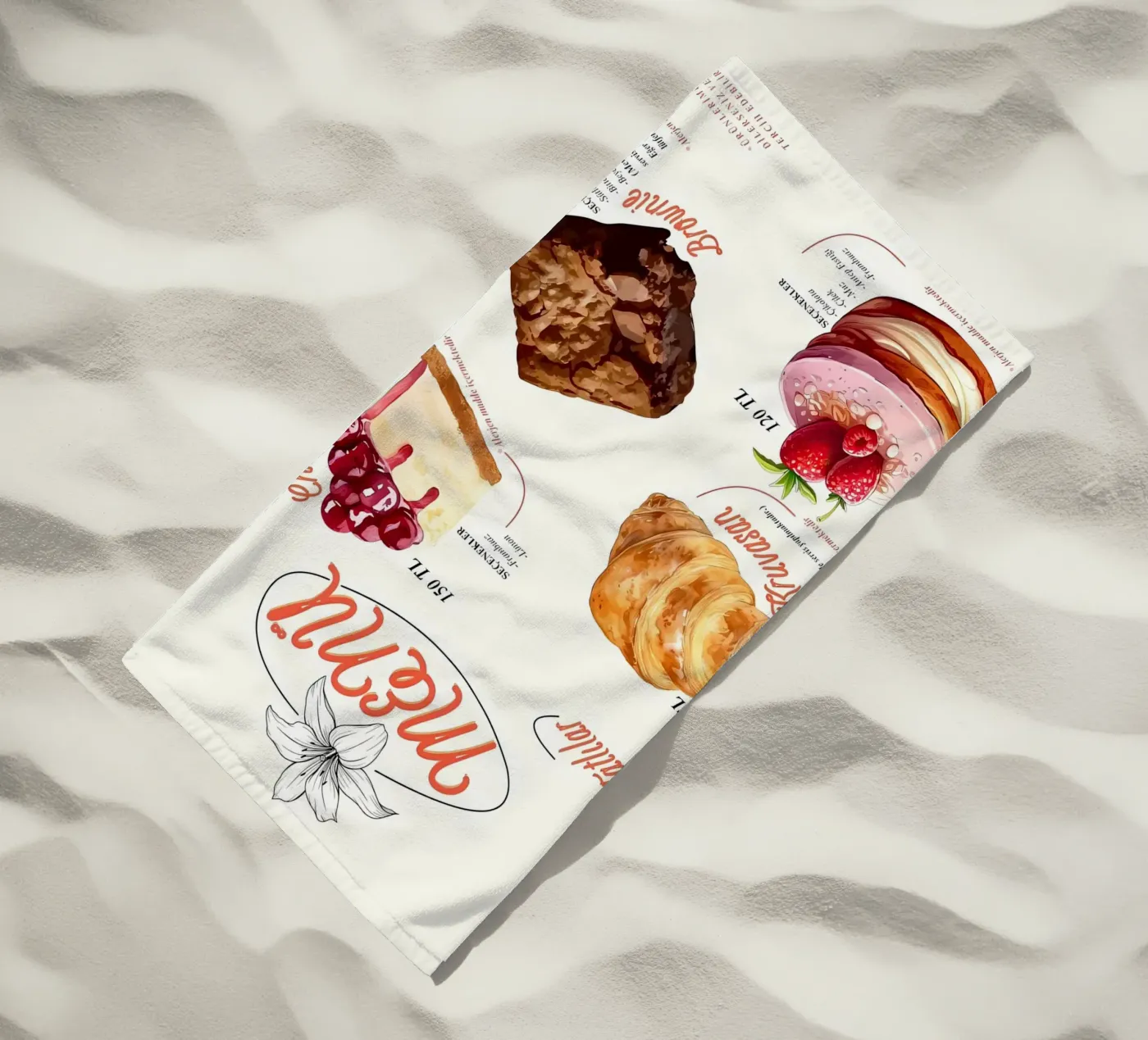 cake menu beach towel by mitaco