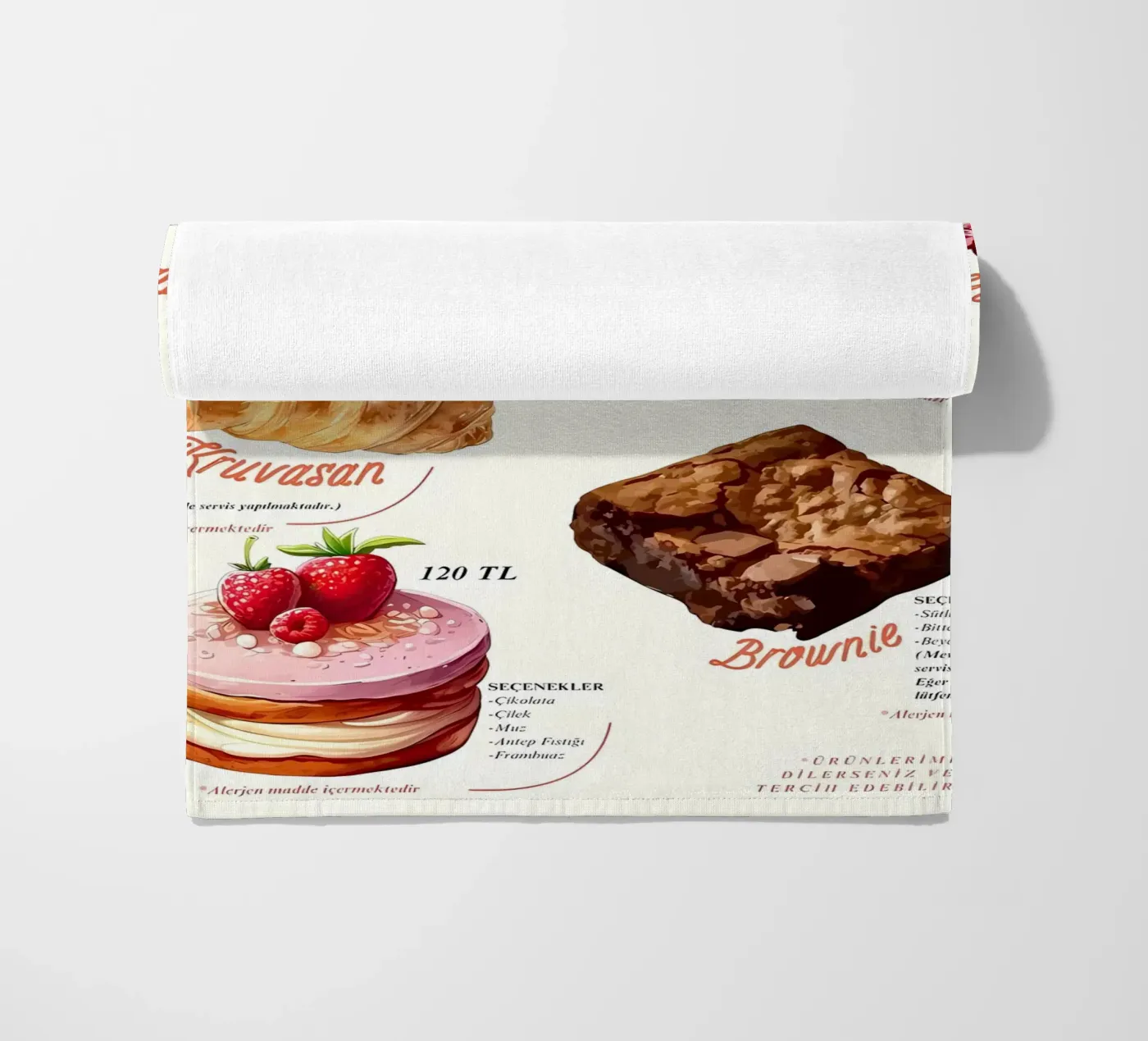 cake menu beach towel by mitaco