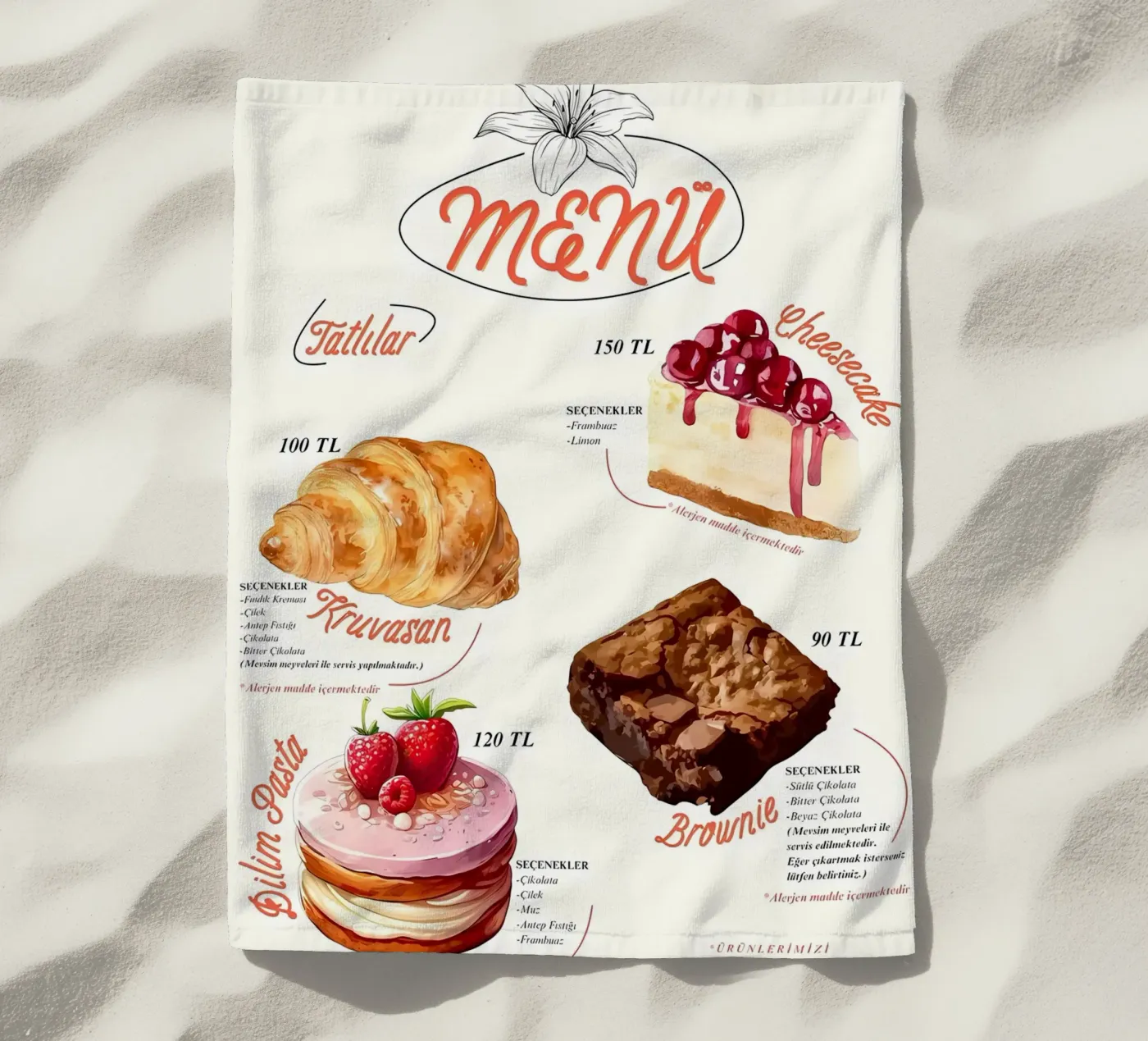 cake menu beach towel by mitaco