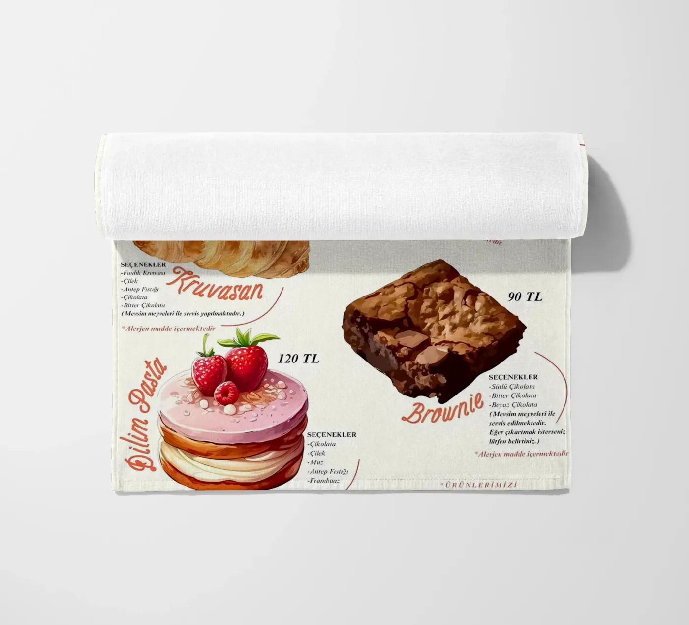 cake menu beach towel by mitaco