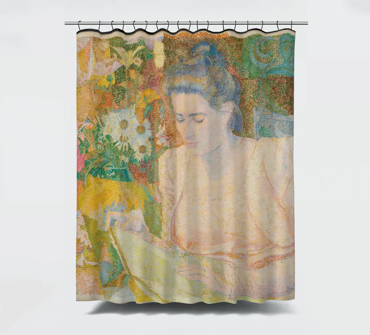 Woman Reading in a Vibrant Interior – Jan Toorop shower curtain by Studio Vintage