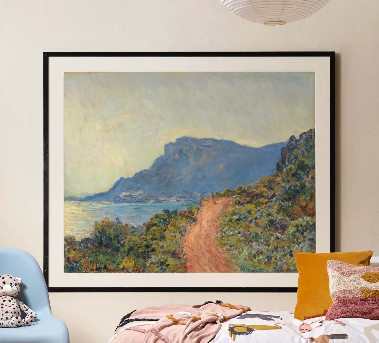 La Corniche bij Monaco Monet mare donna estate poster con telaio in legno da Studio Vintage