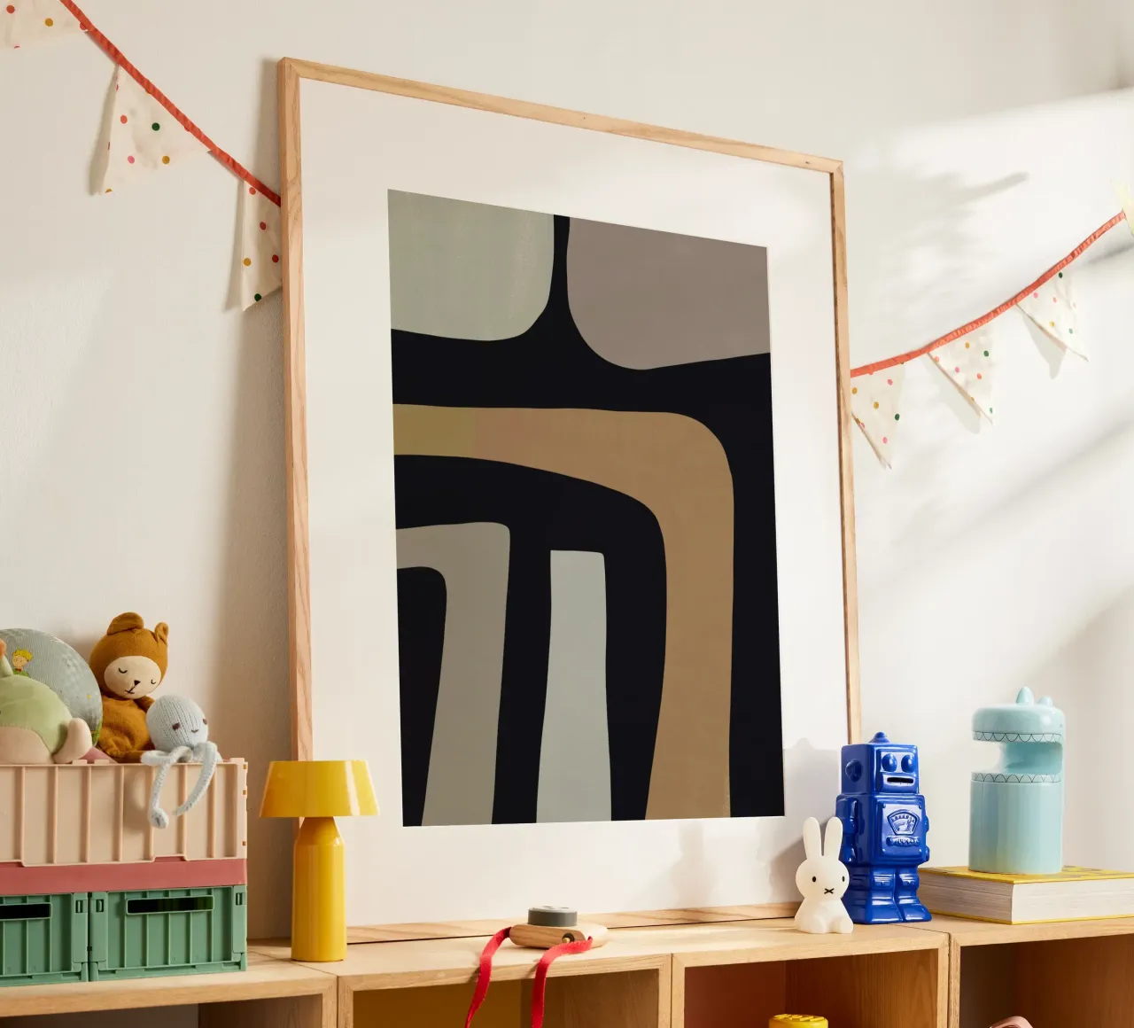 Grijs abstract arrangement poster met houten frame van Little Dean