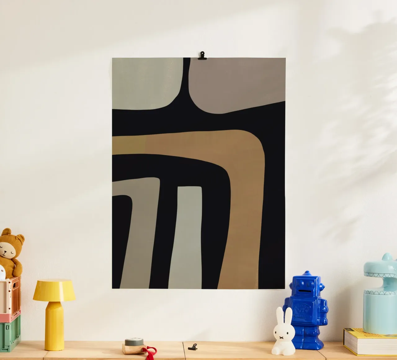 Grijs abstract arrangement poster met houten frame van Little Dean