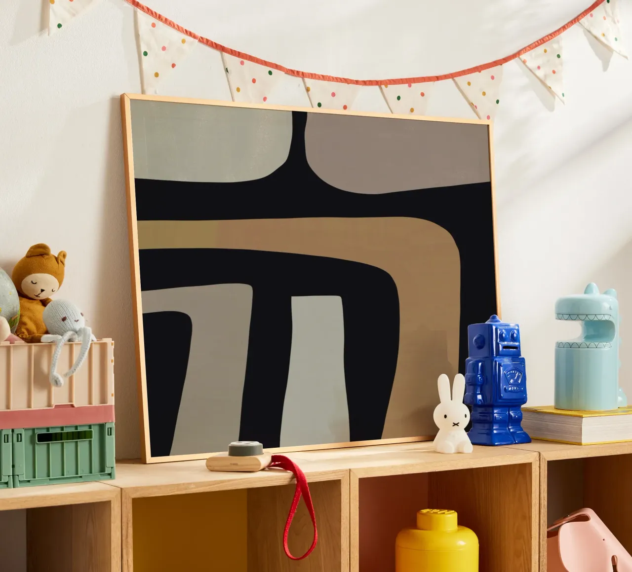 Grijs abstract arrangement poster met houten frame van Little Dean