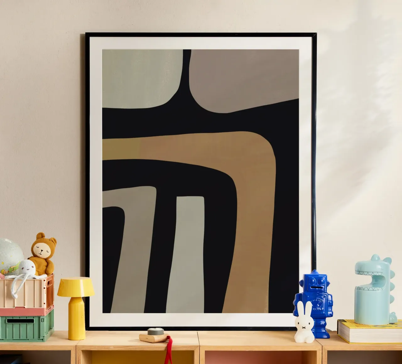 Grijs abstract arrangement poster met houten frame van Little Dean