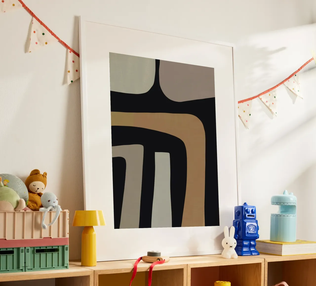 Grijs abstract arrangement poster met houten frame van Little Dean