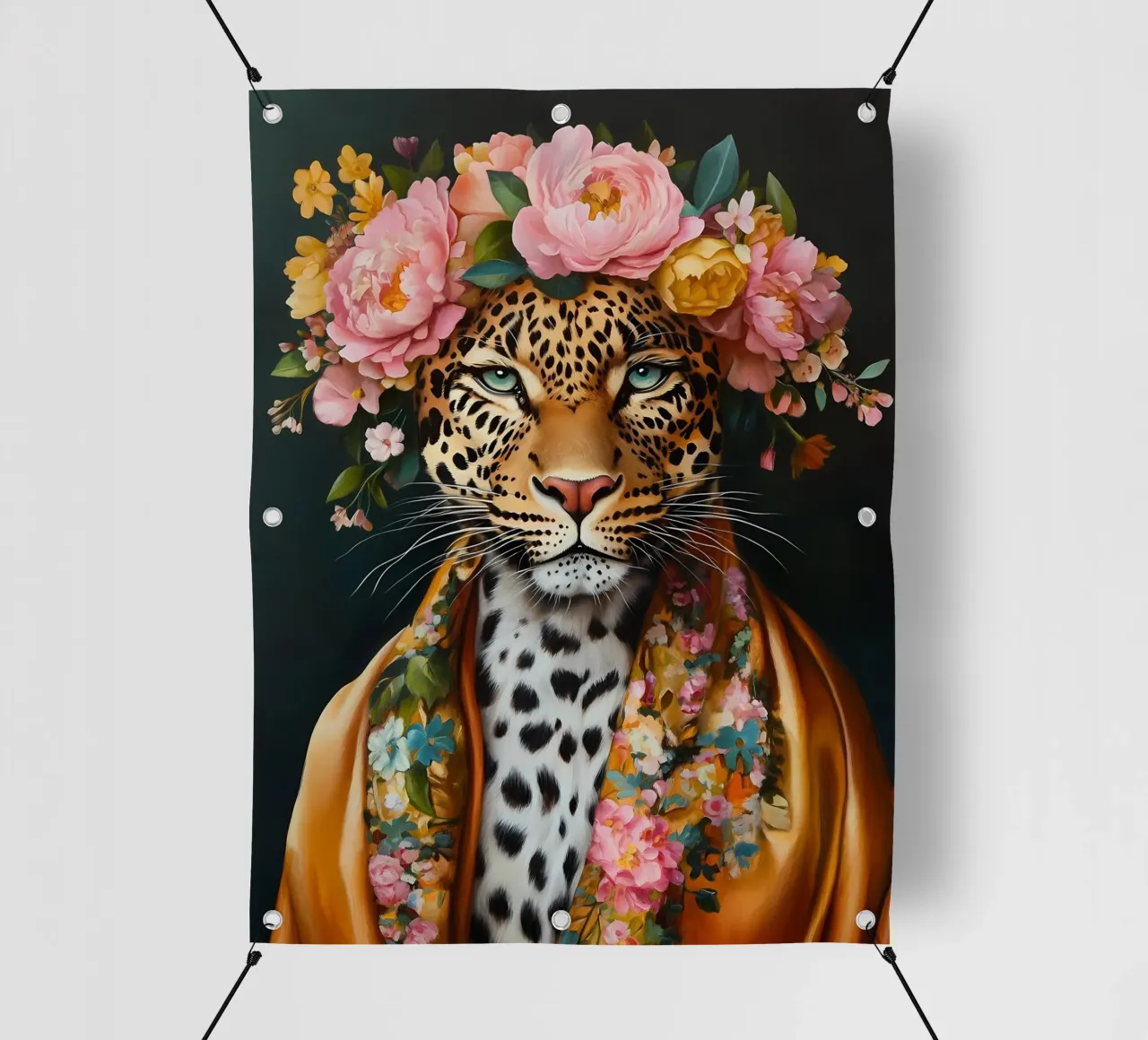 Léopard dans une couronne de fleurs bâche pvc de IamHomeStudio