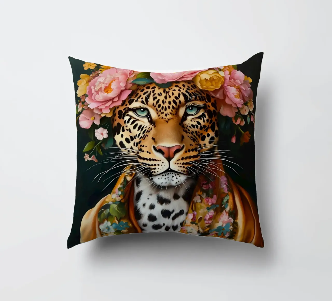 Leopard in Floral Wreath decorative cushion by IamHomeStudio