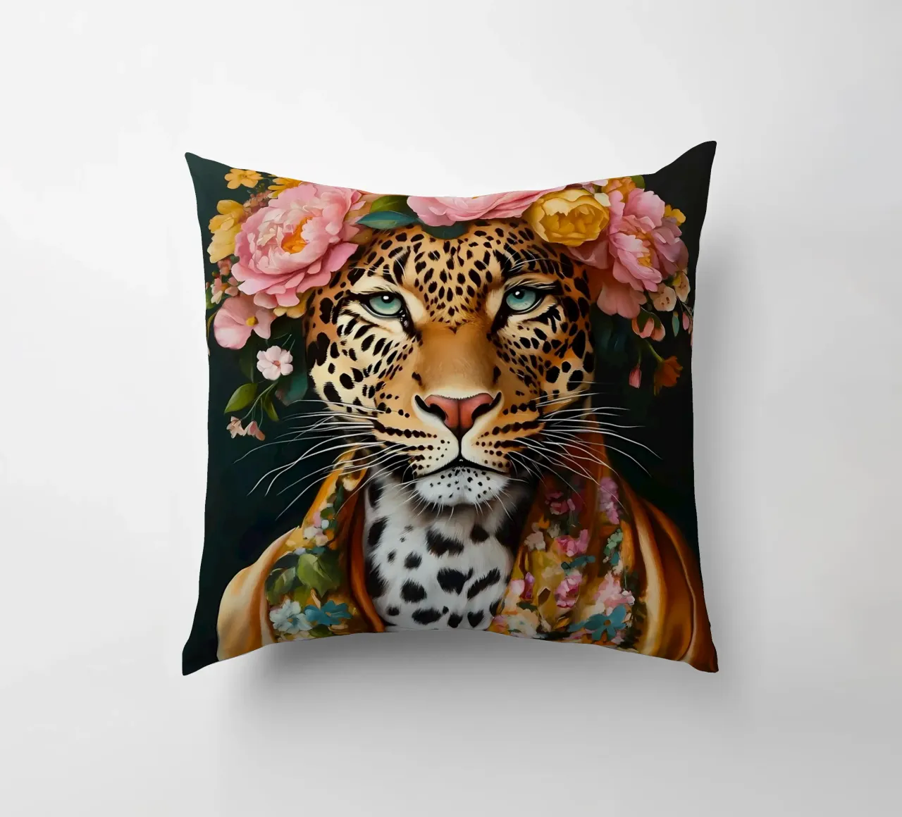 Leopard in Floral Wreath decorative cushion by IamHomeStudio
