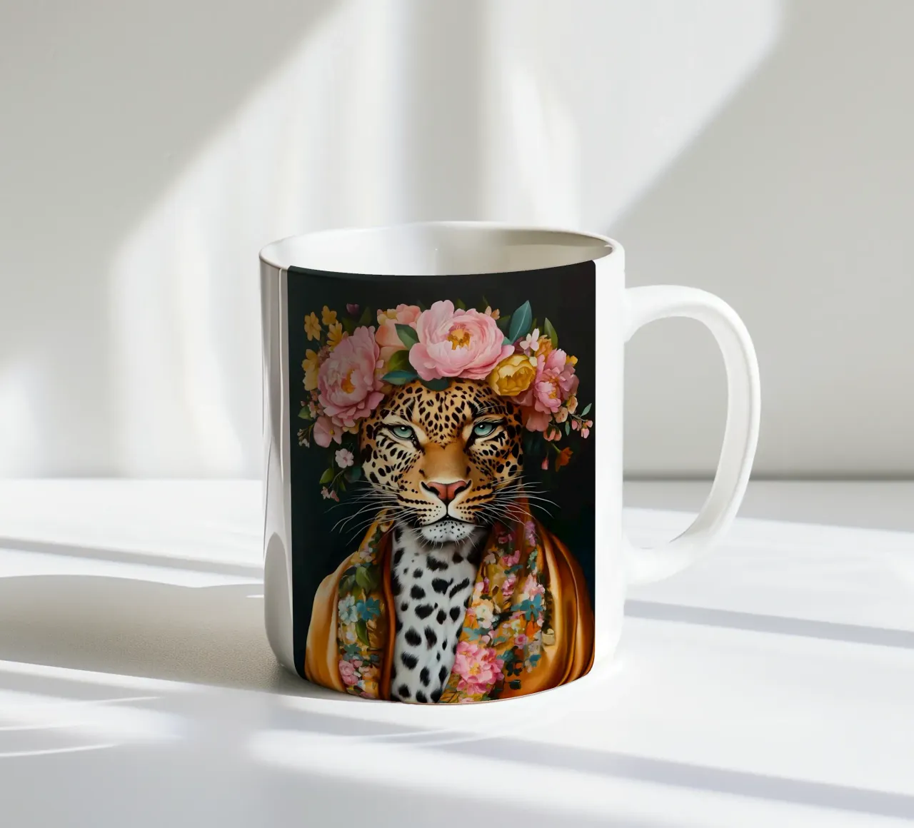 Léopard dans une couronne de fleurs mug en céramique de IamHomeStudio
