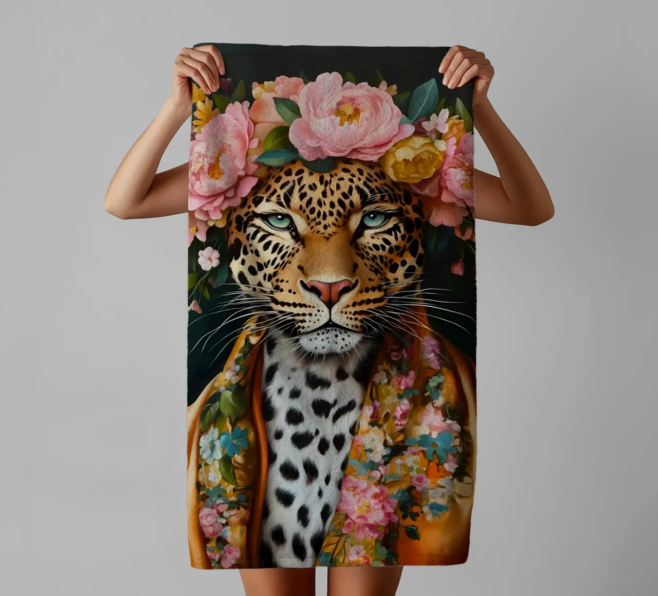 Leopardo in ghirlanda floreale asciugamano da bagno da IamHomeStudio