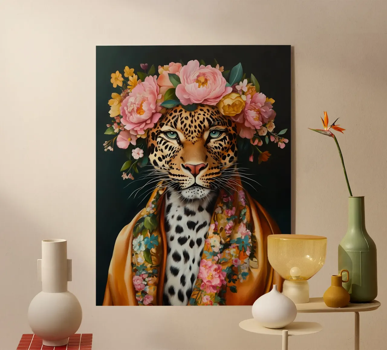Leopard in Floral Wreath acrylic glass by IamHomeStudio