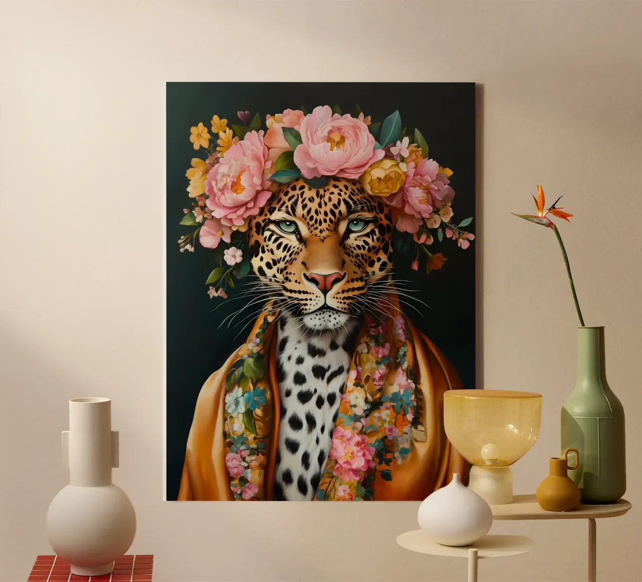 Léopard dans une couronne de fleurs toile avec Caisse américaine de IamHomeStudio