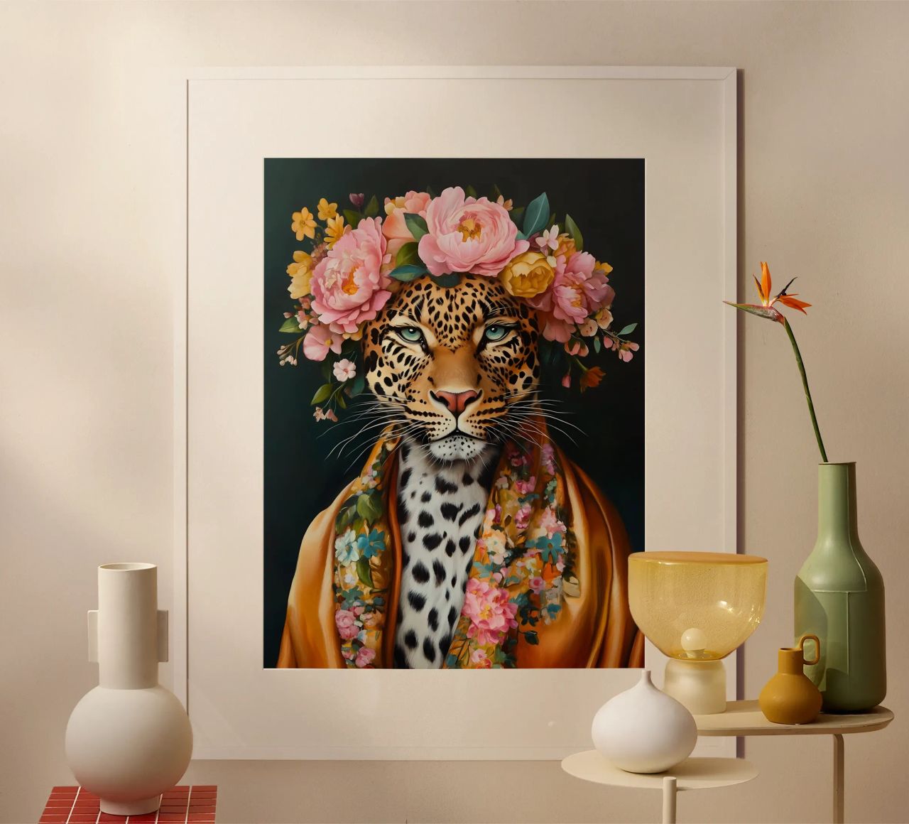 Leopard im Blumenkranz Poster von Olga Wildrose