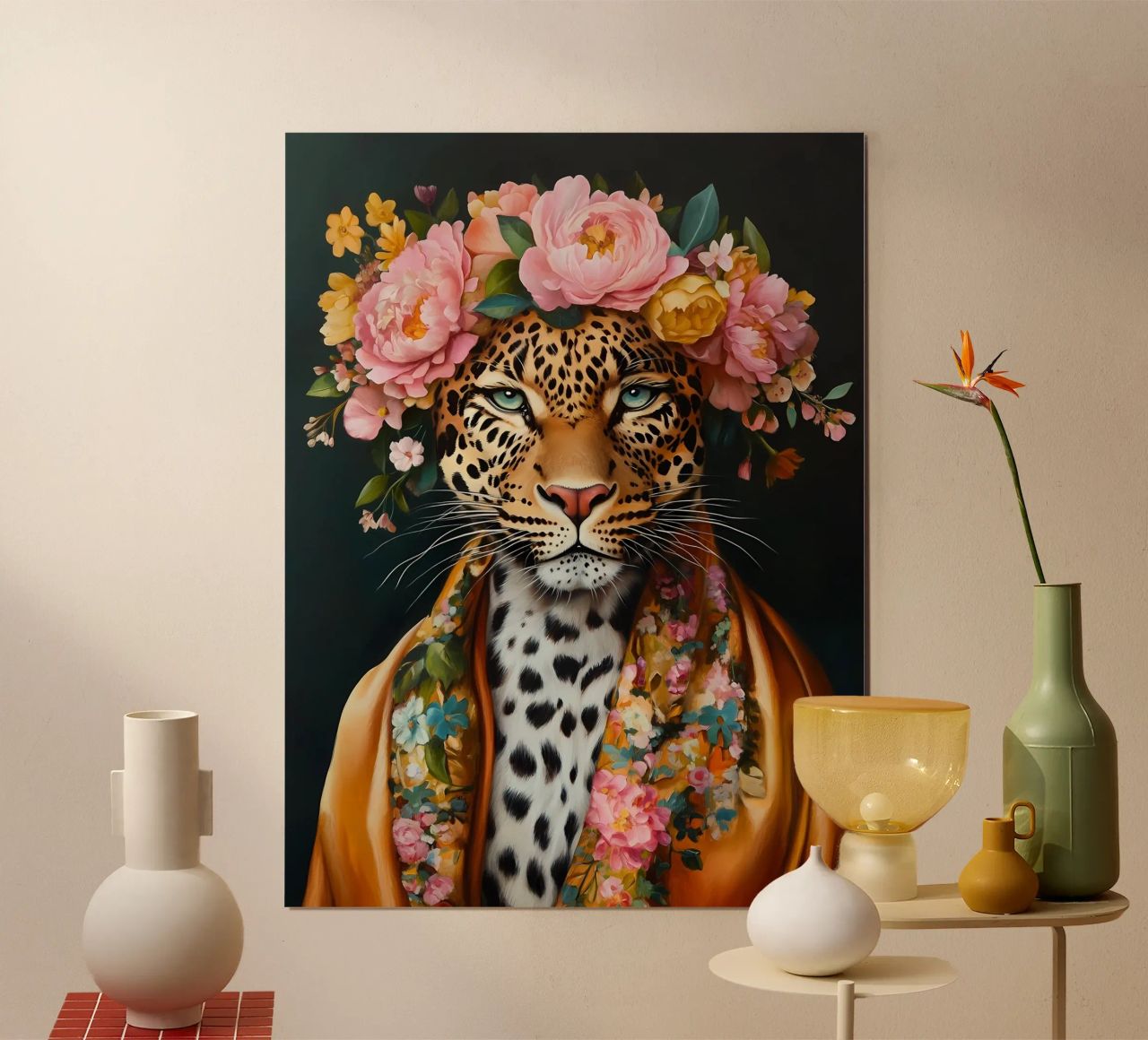 Leopard im Blumenkranz Poster von Olga Wildrose