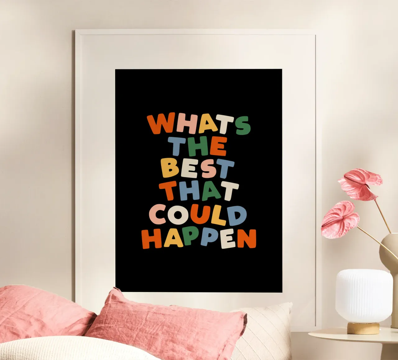 Whats The Best That Could Happen Inspirational Quote Print Poster mit Kunststoffrahmen von THE MOTIVATED TYPE