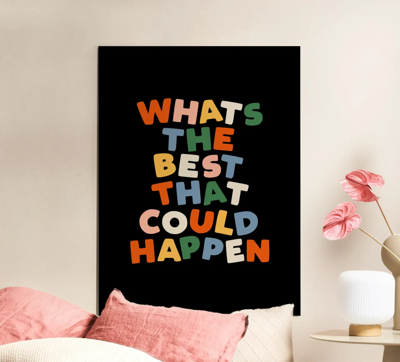 Whats The Best That Could Happen Inspirational Quote Print Poster mit Kunststoffrahmen von THE MOTIVATED TYPE
