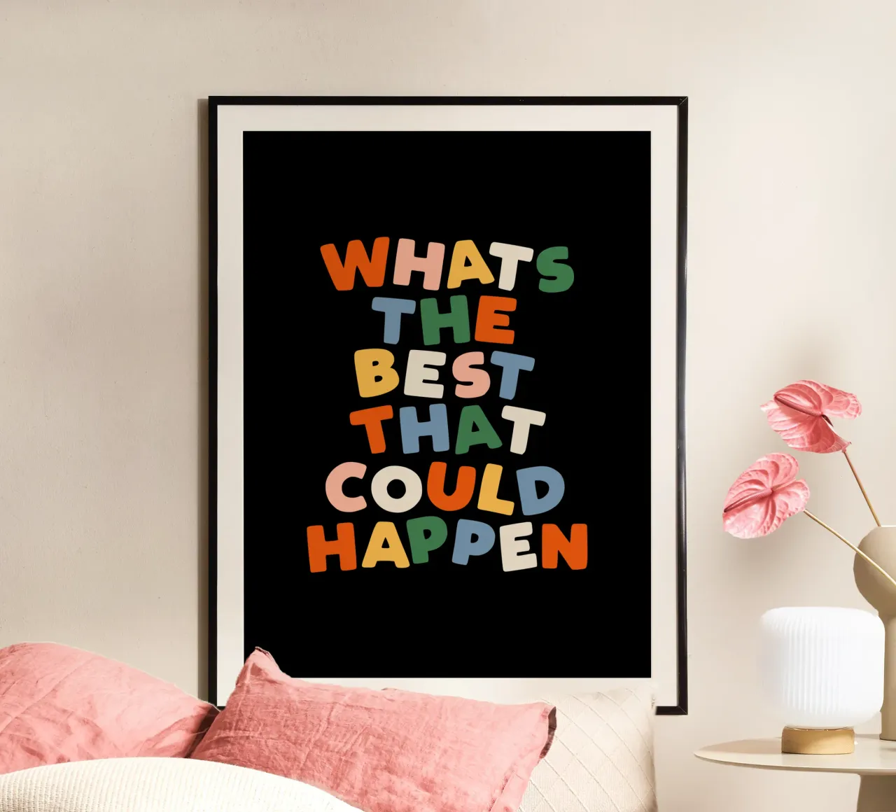 Whats The Best That Could Happen Inspirational Quote Print Poster mit Kunststoffrahmen von THE MOTIVATED TYPE