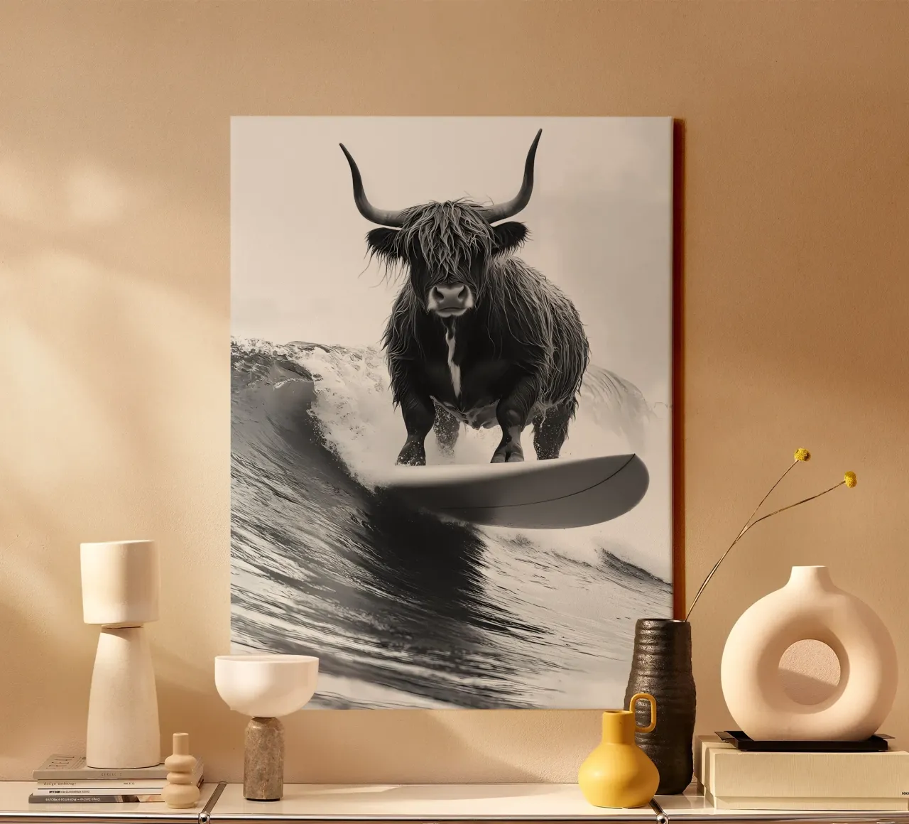Surfing Highland Cow lienzo con Marco flotante de IamHomeStudio