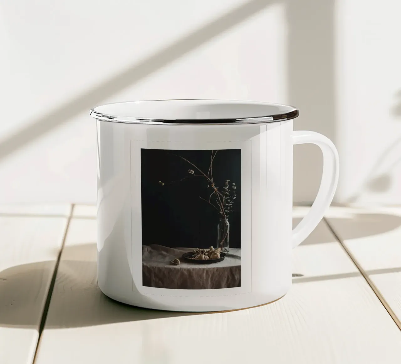 Still life with shells and branches - Natural elegance for enamel mug by Augenblicke-foto