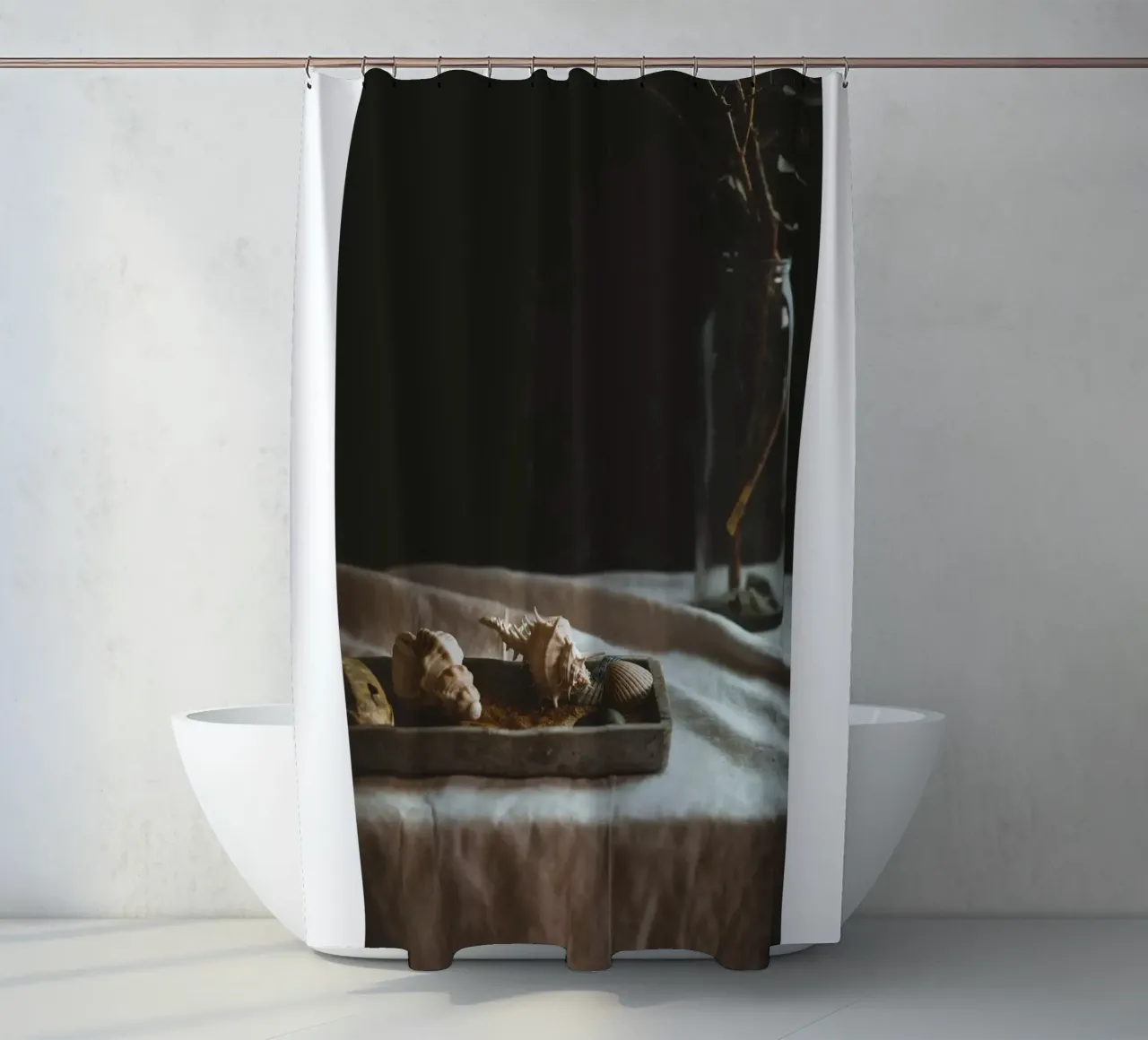 Still life with shells and branches - Natural elegance for shower curtain by Augenblicke-foto