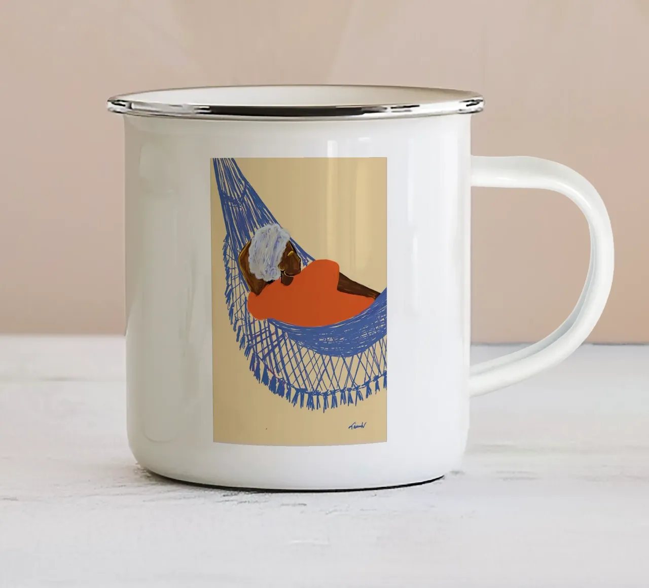La donna e l'amaca tazza in smalto da tainah negreiros