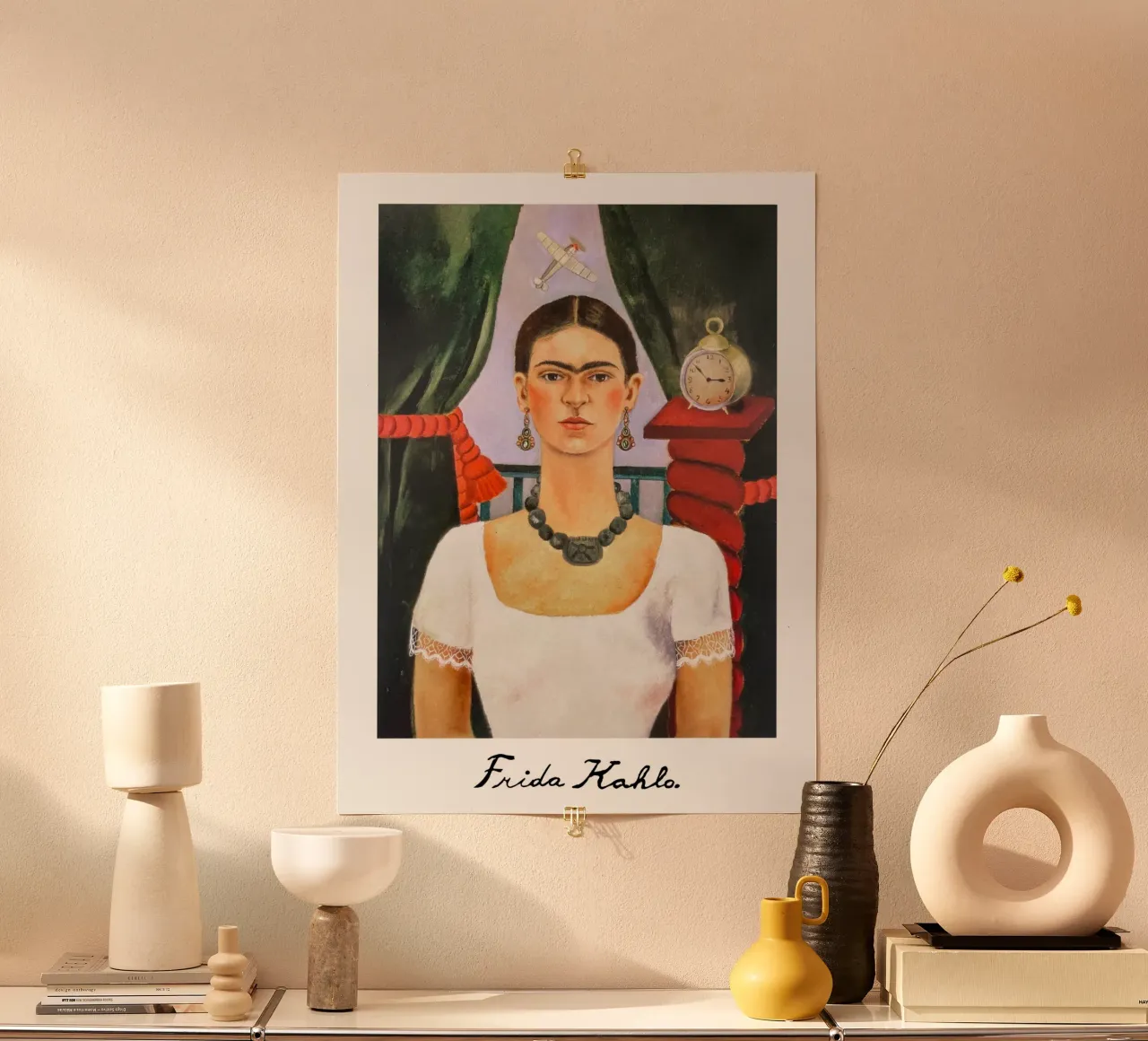 Frida, time flies poster with plastic frame by Carinaprint