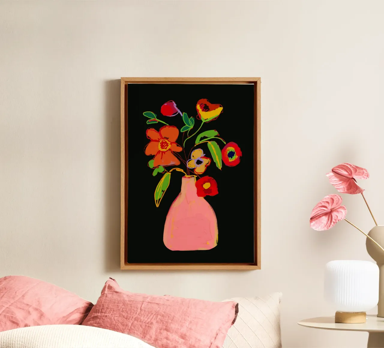 Kleurrijke bloem in vaas 3 canvas met Baklijst van LeaDArt