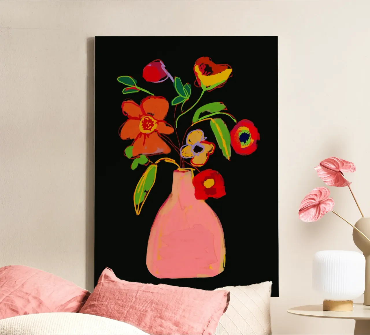 Kleurrijke bloem in vaas 3 canvas met Baklijst van LeaDArt