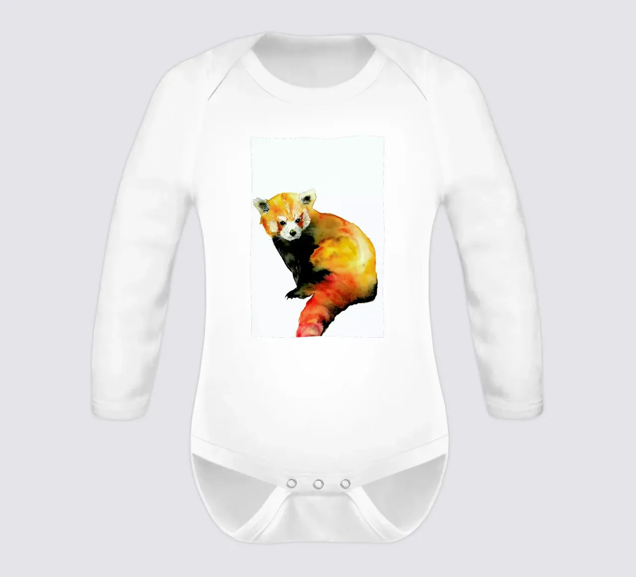 Red Panda long-sleeve baby romper by Larissa van der Laan