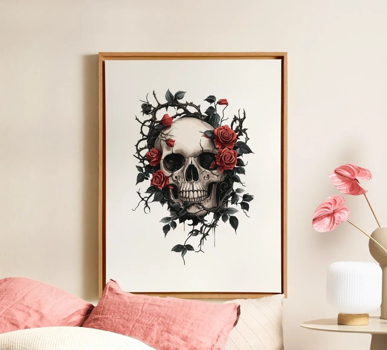 Teschio con rose rosse e spine - Gotico tela con Cornice a cassetta da pixelbull - medieval art and more