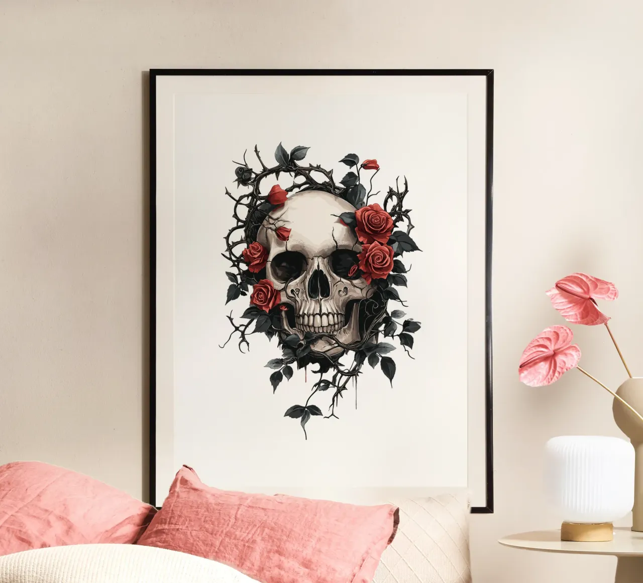 Teschio con rose rosse e spine - Gotico carta hahnemühle da pixelbull - medieval art and more