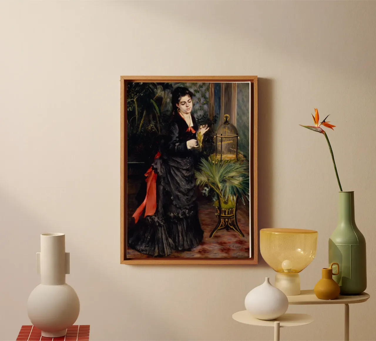 Pierre-Auguste Renoir - Donna con pappagallo tela con Cornice a cassetta da Timeless Artworks