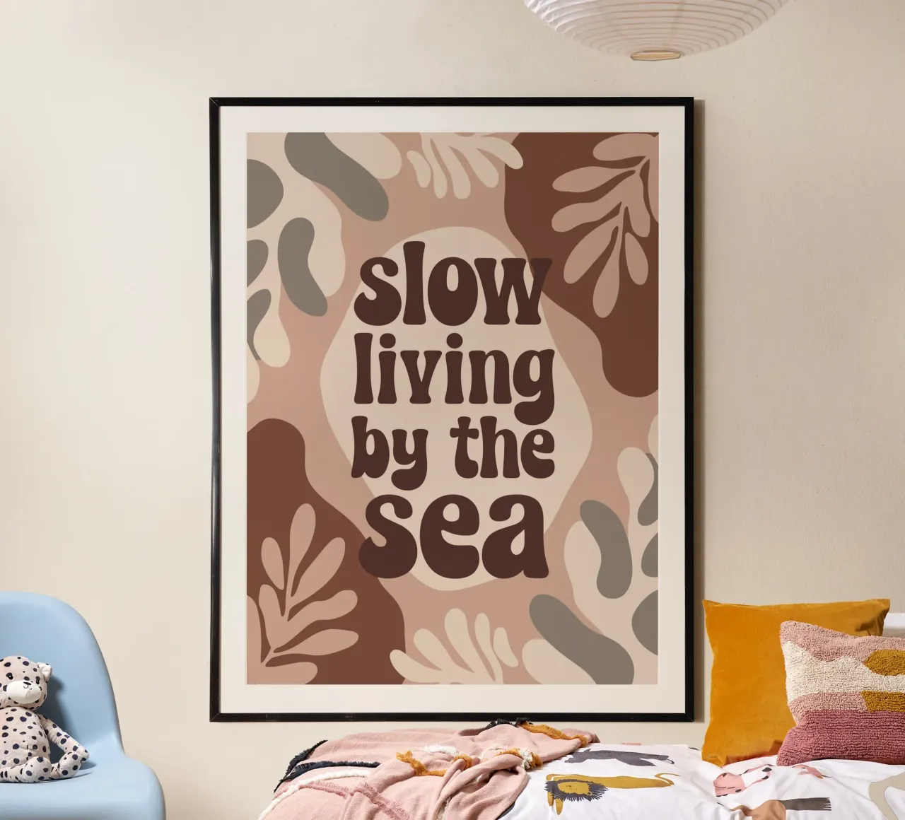 Slow Living by the Sea – Boho Coastal Minimalism Poster mit Holzrahmen von Soleil Basque