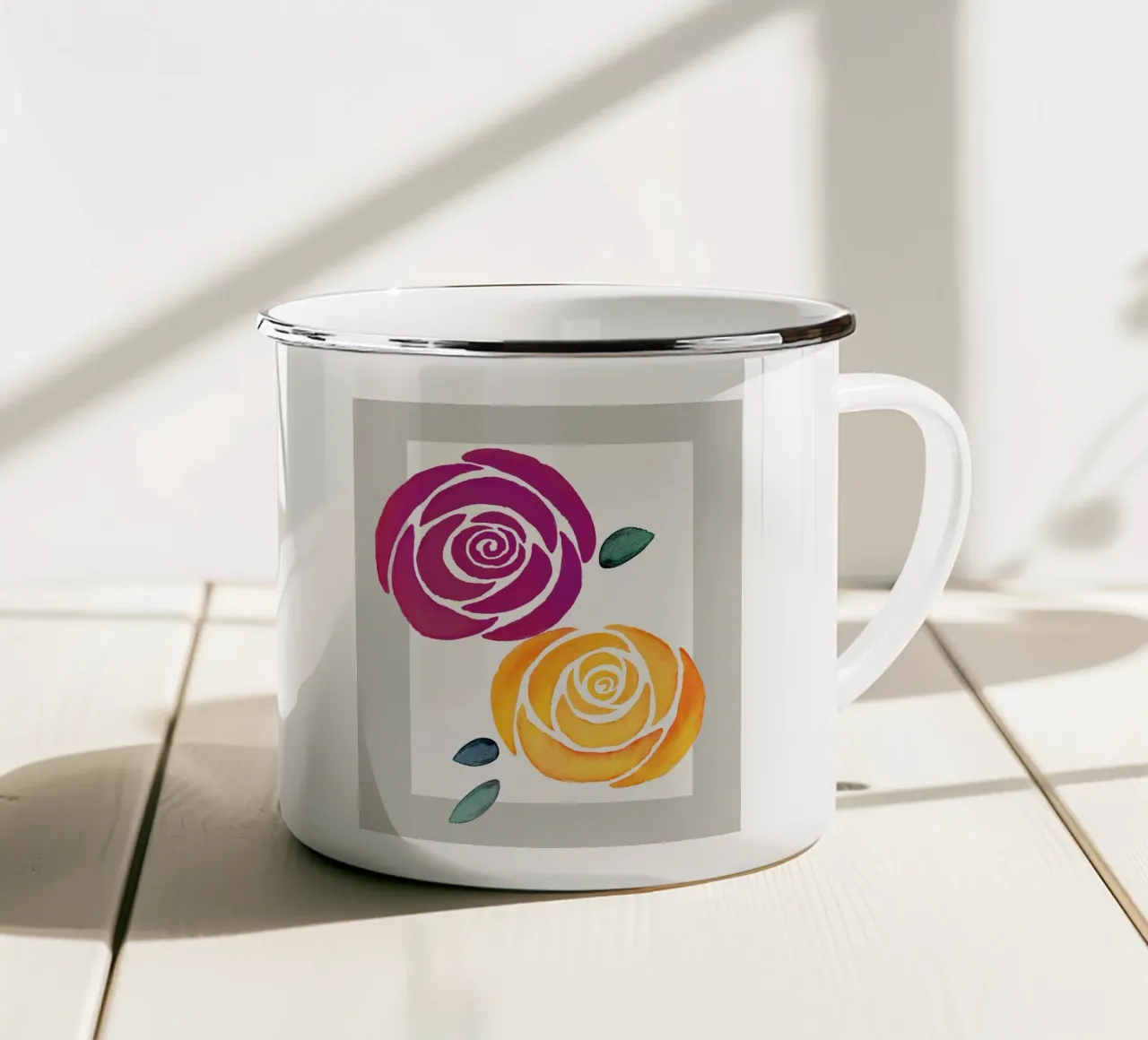 Zwei stilisierte Rosen in lila und gelb tazza in smalto da Farbwelten