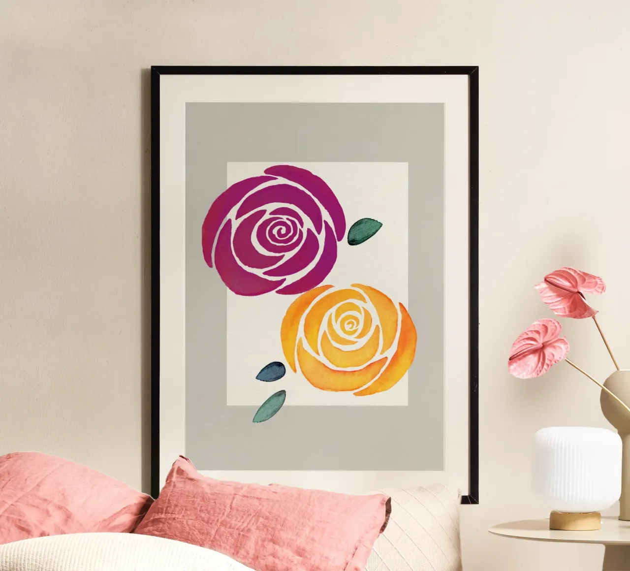 Zwei stilisierte Rosen in lila und gelb poster con telaio in legno da Farbwelten