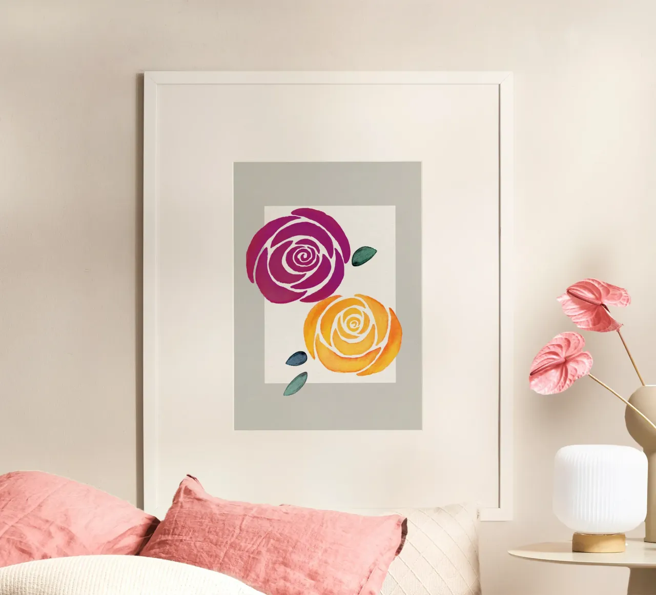 Zwei stilisierte Rosen in lila und gelb poster con telaio in legno da Farbwelten