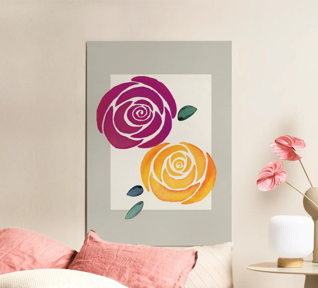 Zwei stilisierte Rosen in lila und gelb poster con telaio in legno da Farbwelten