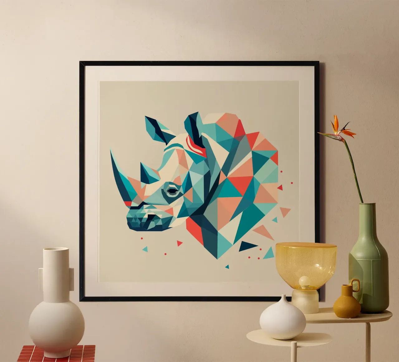 Rinoceronte astratto - Forza geometrica poster con telaio in legno da namosh