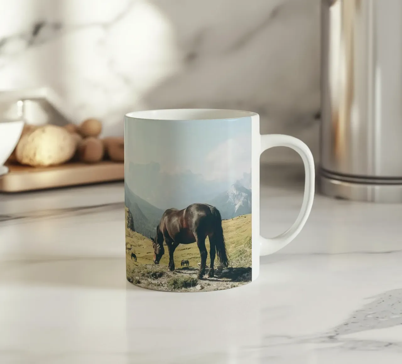 Dolomites, Italy I Wild horse riding at Tre Cime ceramic mug by Julie Travel Photography