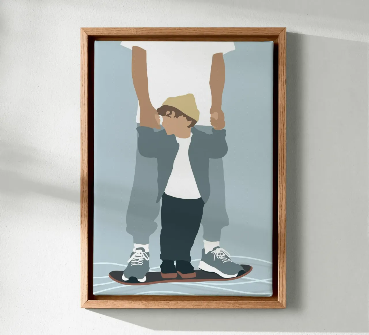 Skate & Surf - Minimalistische vader-zoon illustratie canvas met Baklijst van Tine Taler
