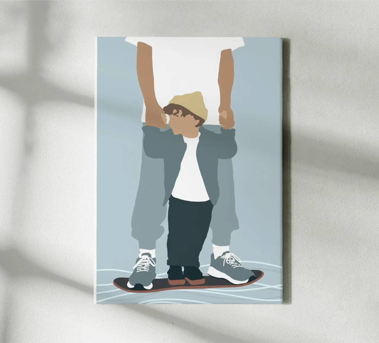 Skate & Surf - Minimalistische vader-zoon illustratie canvas met Baklijst van Tine Taler