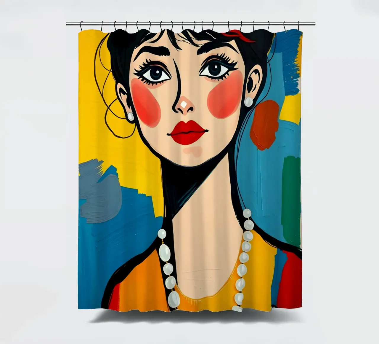 Audrey Hepburn con una collana di perle tenda da doccia da ARTOMATIC