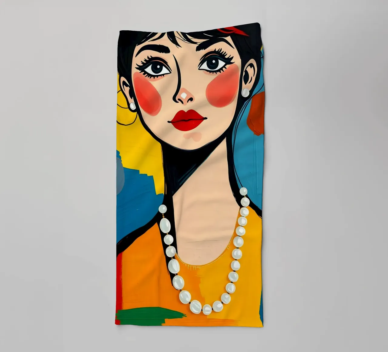 Audrey Hepburn con una collana di perle asciugamano da bagno da ARTOMATIC