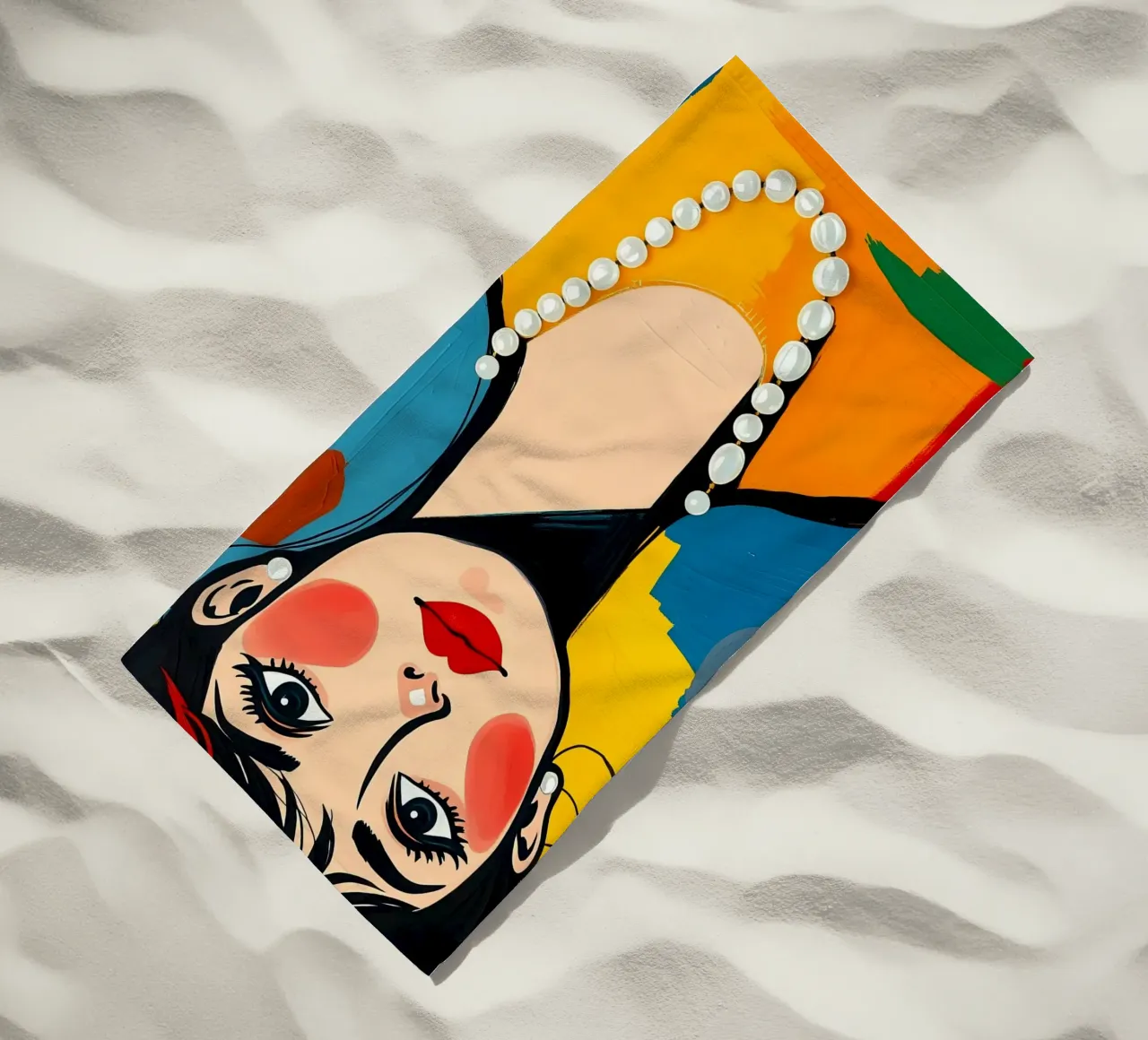 Audrey Hepburn con una collana di perle telo mare da ARTOMATIC