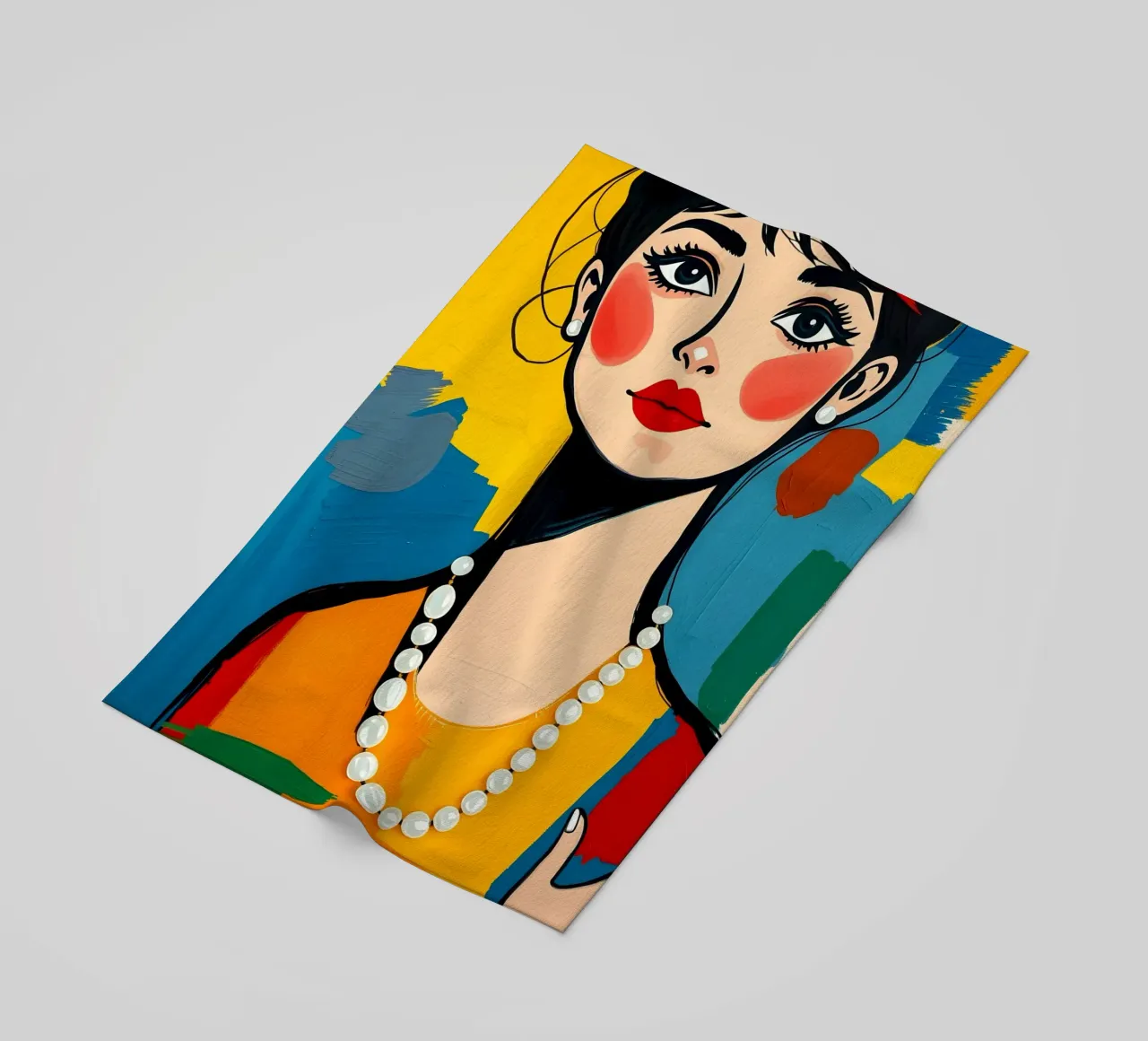 Audrey Hepburn con una collana di perle telo mare da ARTOMATIC